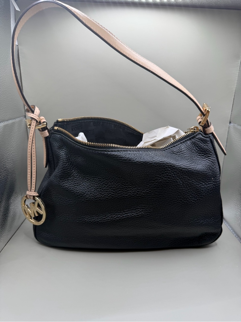 Michael Kors Black Pebbled Leather Shoulder Bag Gold MK Charm